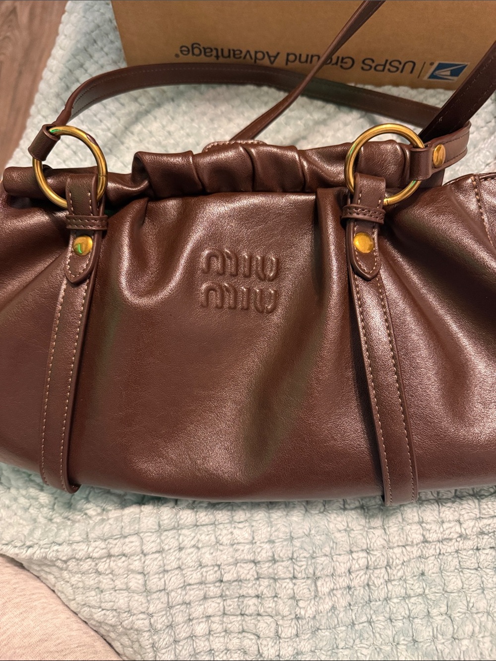 Brown Leather Ruched Shoulder Bag with Gold Rings
